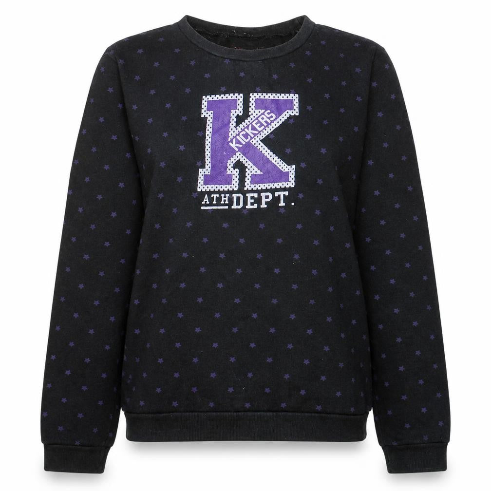 Front view of Kickers women’s black purple star print pullover sweatshirt, size UK 18