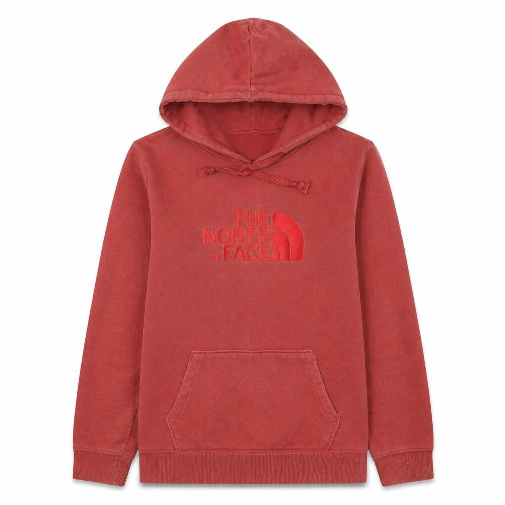 Front view of The North Face women’s red medium pullover hoodie 100% cotton casual