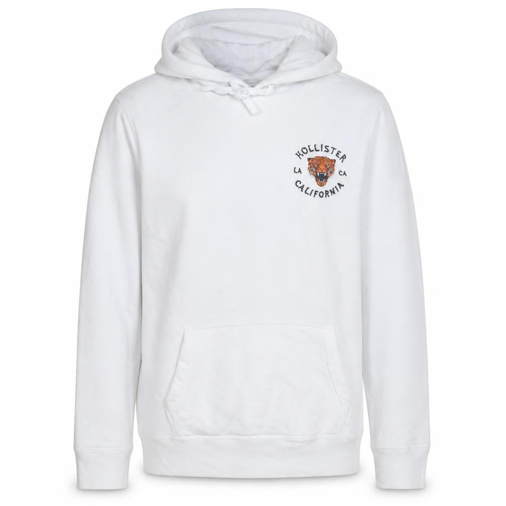 Front view of Hollister Men’s White Embroidered Tiger Pullover Hoodie XL