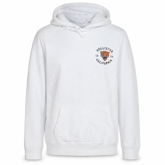 Front view of Hollister Men’s White Embroidered Tiger Pullover Hoodie XL