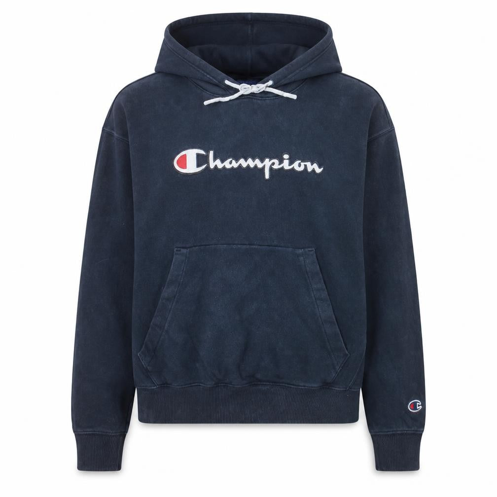 Front view of Champion women’s navy small pullover hoodie 100% cotton logo front
