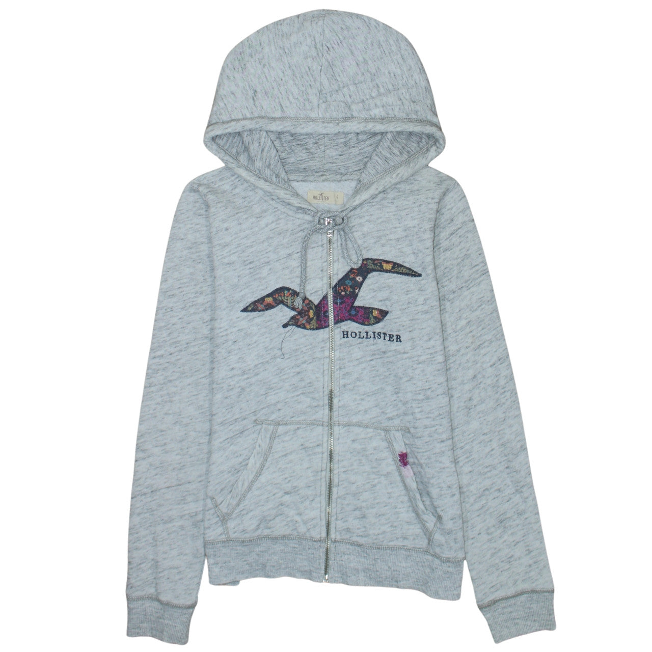 Hollister Women Grey Full Zip Hoodie L Cotton Blend Logo
