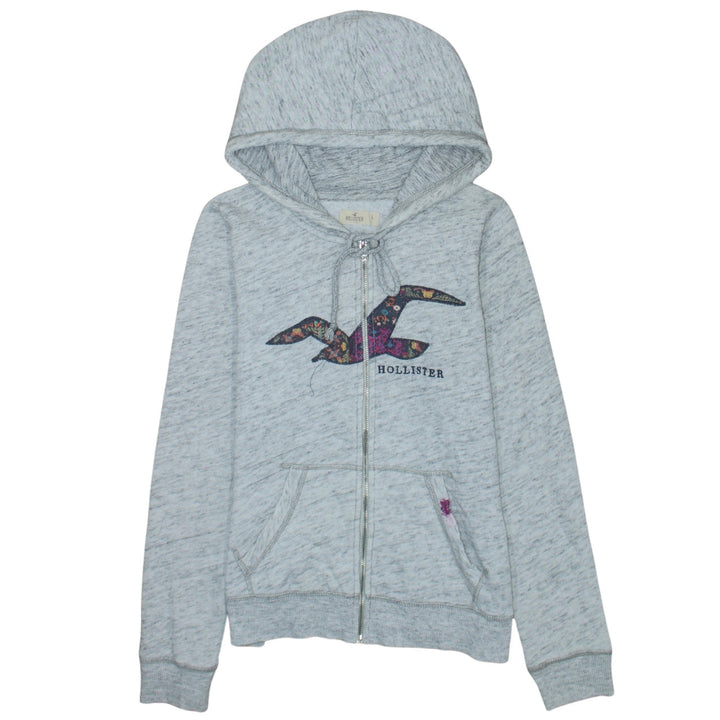 Hollister Women Grey Full Zip Hoodie L Cotton Blend Logo