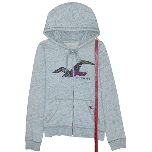 Hollister Women Grey Full Zip Hoodie L Cotton Blend Logo