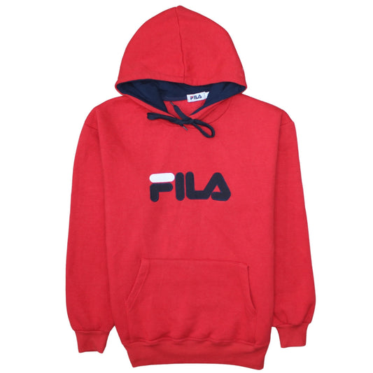 FILA Men Red Pullover Hoodie L Logo Fleece Sportswear
