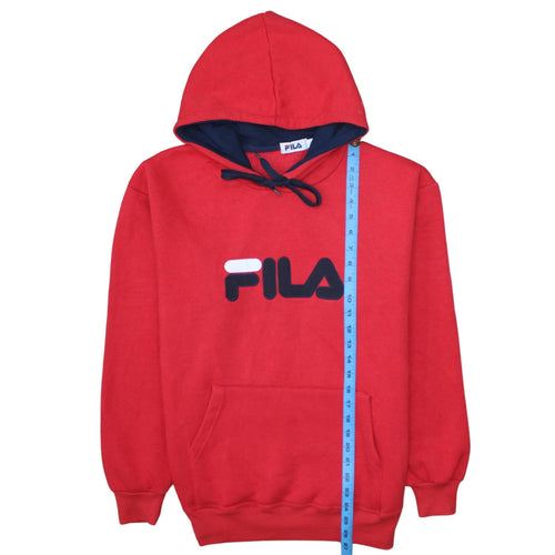 FILA Men Red Pullover Hoodie L Logo Fleece Sportswear