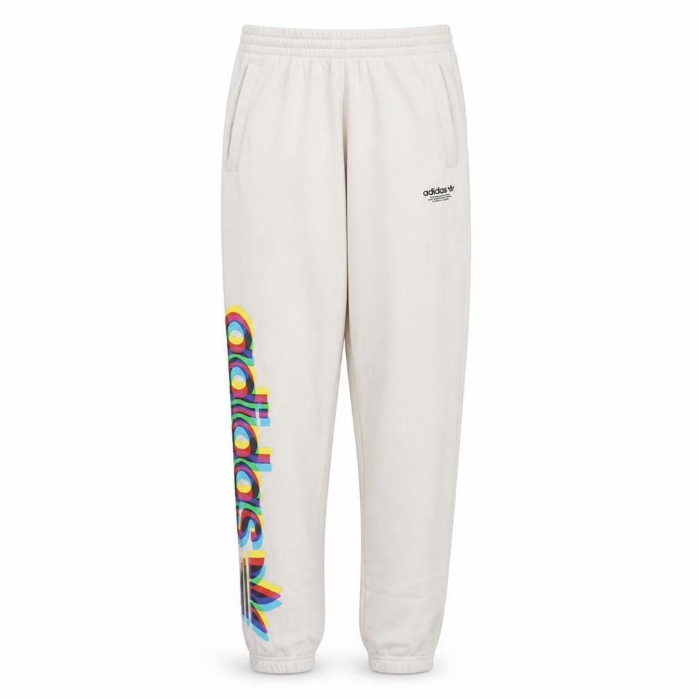 Front view of adidas women’s white xs jogger sweatpants with colourful logo