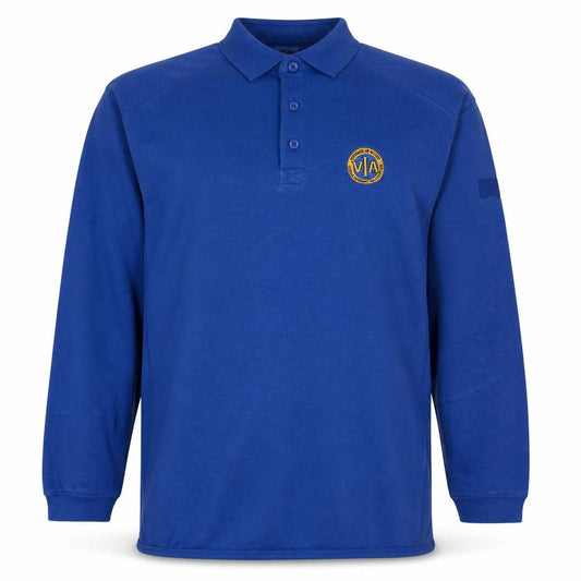 Front view of Russell Blue Men’s Long Sleeve Polo Shirt, size L, Embroidered Logo