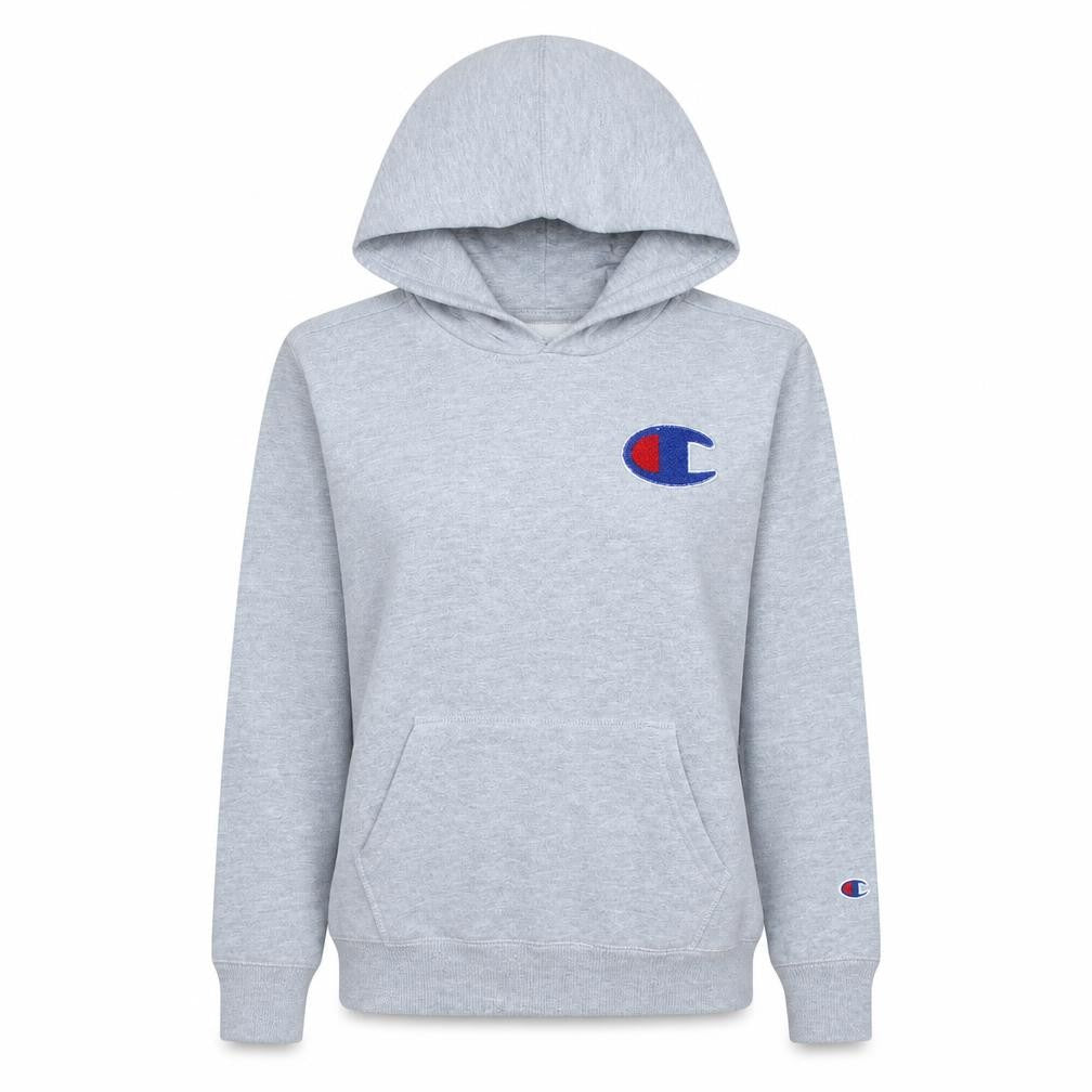 Champion Women Grey Pullover Hoodie L Logo Embroidered Fleece