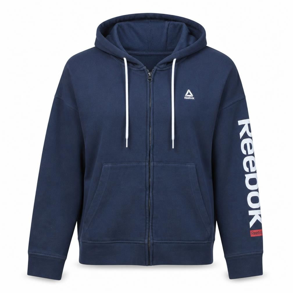Front view of Reebok Women's Navy Blue Full Zip Hoodie, size M