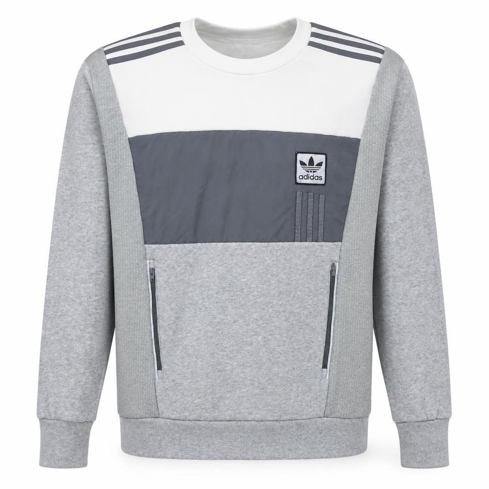 Front view of Adidas Men's Grey Crew Neck Zip Pocket Pullover Sweatshirt, size S