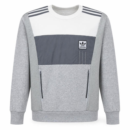 Front view of Adidas Men's Grey Crew Neck Zip Pocket Pullover Sweatshirt, size S