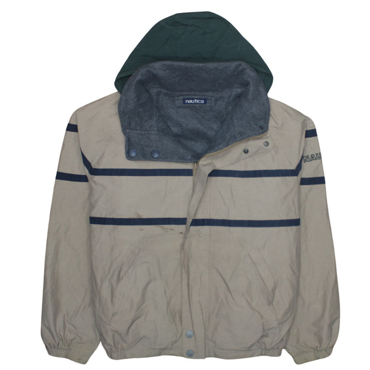 Nautica Men's Beige Windbreaker Jacket L Hooded Full Zip Fleece Lined