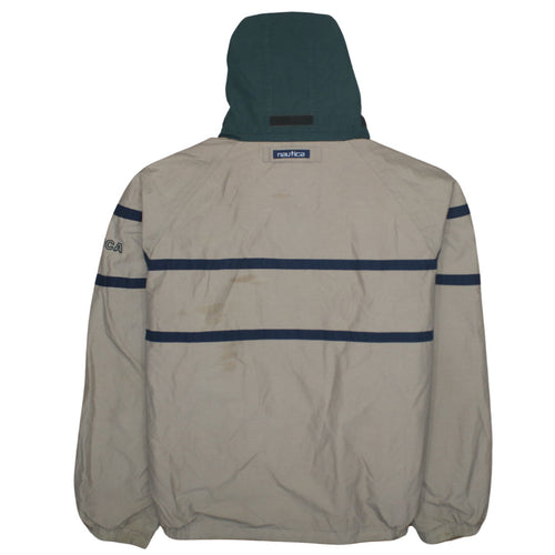 Nautica Men's Beige Windbreaker Jacket L Hooded Full Zip Fleece Lined