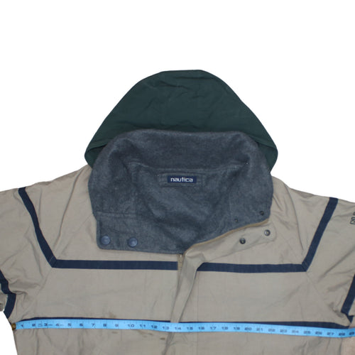 Nautica Men's Beige Windbreaker Jacket L Hooded Full Zip Fleece Lined