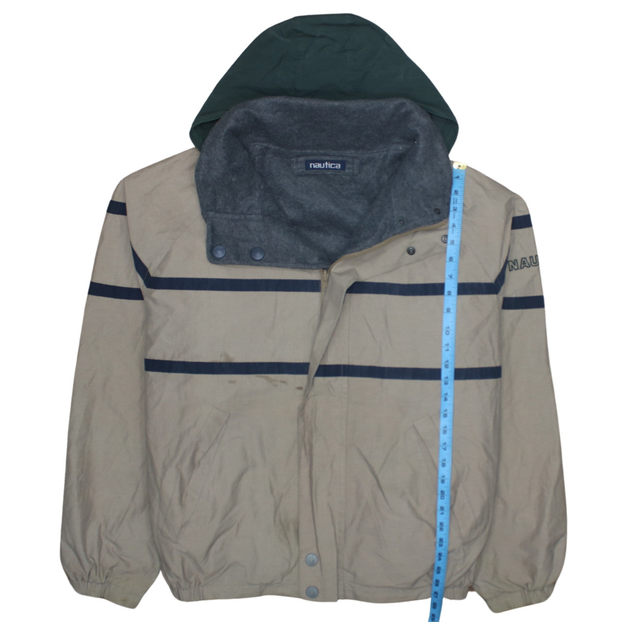 Nautica Men's Beige Windbreaker Jacket L Hooded Full Zip Fleece Lined