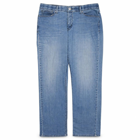 Front view of Levi's women’s blue 525 straight leg jeans, size UK 16, regular denim
