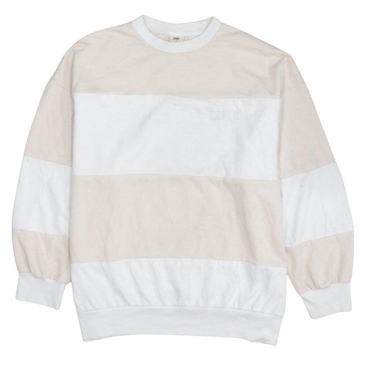 Adidas Women Beige White Crew Neck Pullover Sweatshirt Size L Cotton Blend