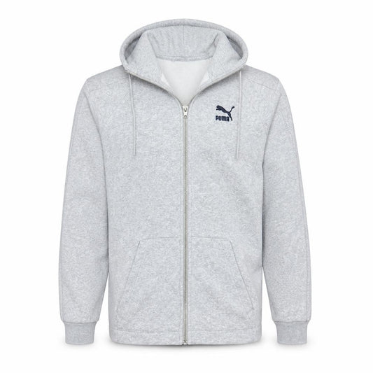 Front view of Puma men’s grey full zip hoodie xs regular fit logo fleece