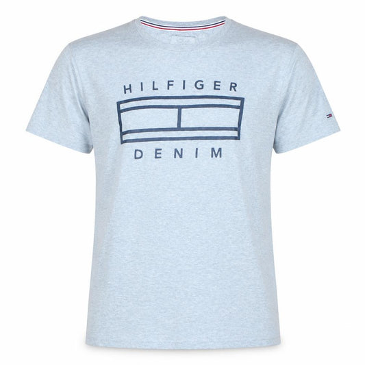 Front view of Tommy Hilfiger men’s grey graphic logo crew neck cotton t-shirt, size S