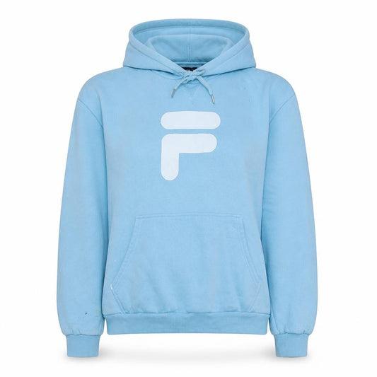 Front view of Fila women’s blue pullover hoodie, size M, logo casual sweatshirt