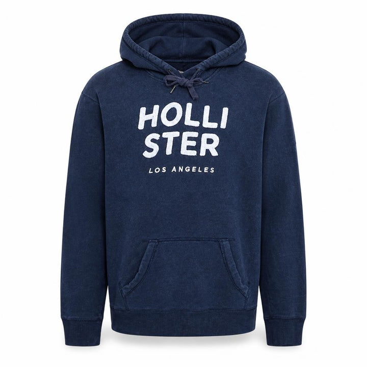 Hollister Men’s Blue Pullover Hoodie Medium Logo Print Fleece