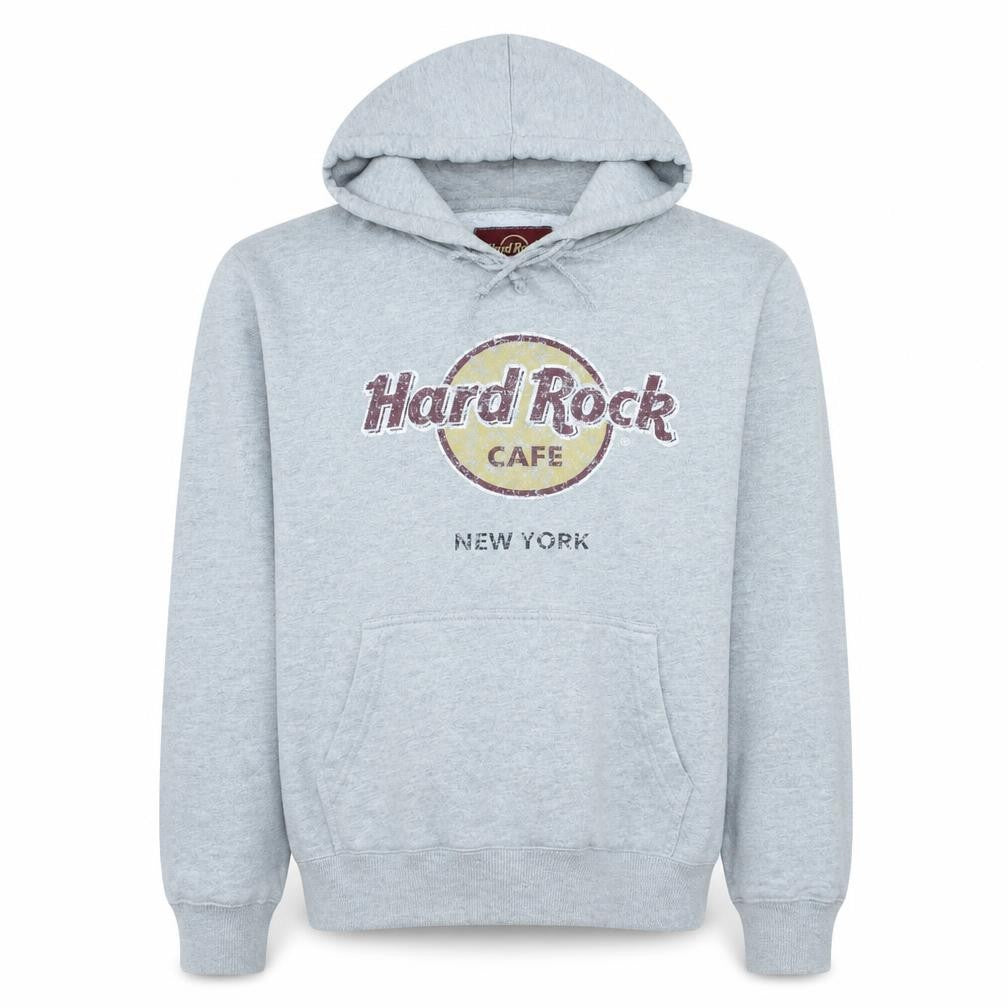 Front view of Hard Rock Cafe Men's Grey Pullover Hoodie, size L, Logo New York