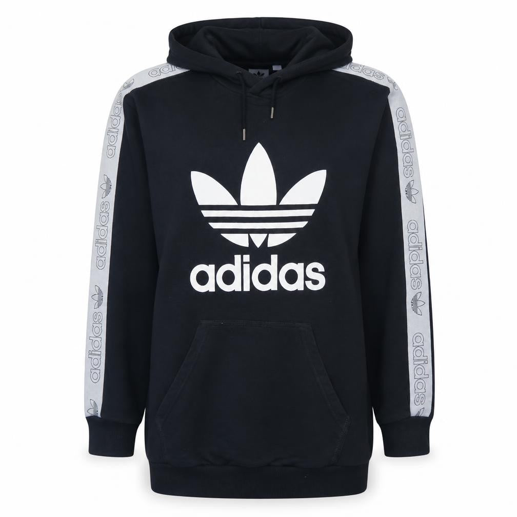 Front view of Adidas women’s black logo pullover hoodie, size UK 12, hooded sweatshirt