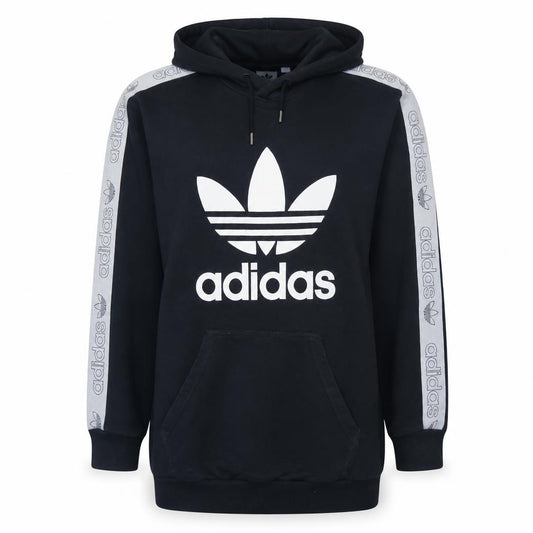 Front view of Adidas women’s black logo pullover hoodie, size UK 12, hooded sweatshirt