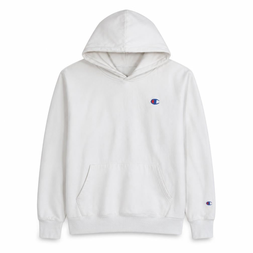 Front view of Champion Men's White Pullover Hoodie 2XL Classic Logo Sweatshirt
