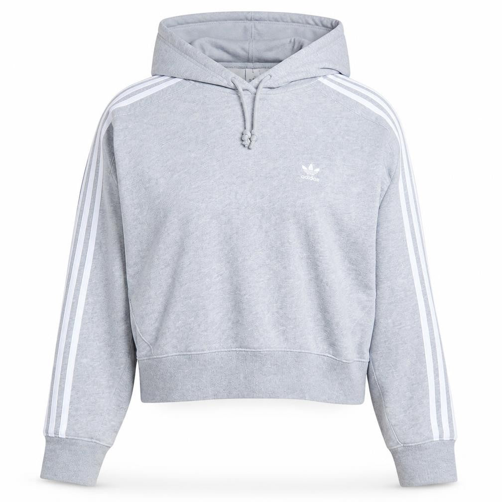 Front view of Adidas women’s grey hooded pullover sweatshirt, size UK 10