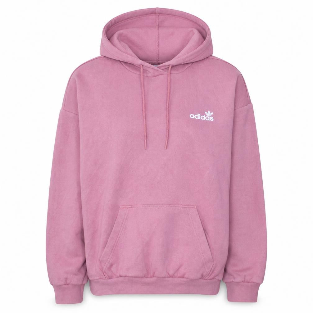 Front view of Adidas Women's Pink Pullover Hoodie, size 8, Relaxed Fit Logo Design