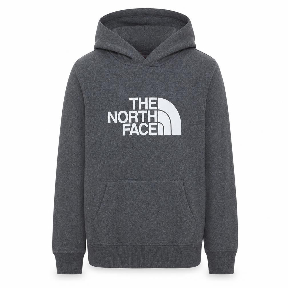Front view of The North Face boys’ grey pullover hoodie l logo graphic cotton blend