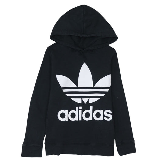 Front view of Adidas women’s black hoodie, size UK 8, pullover trefoil logo sweatshirt