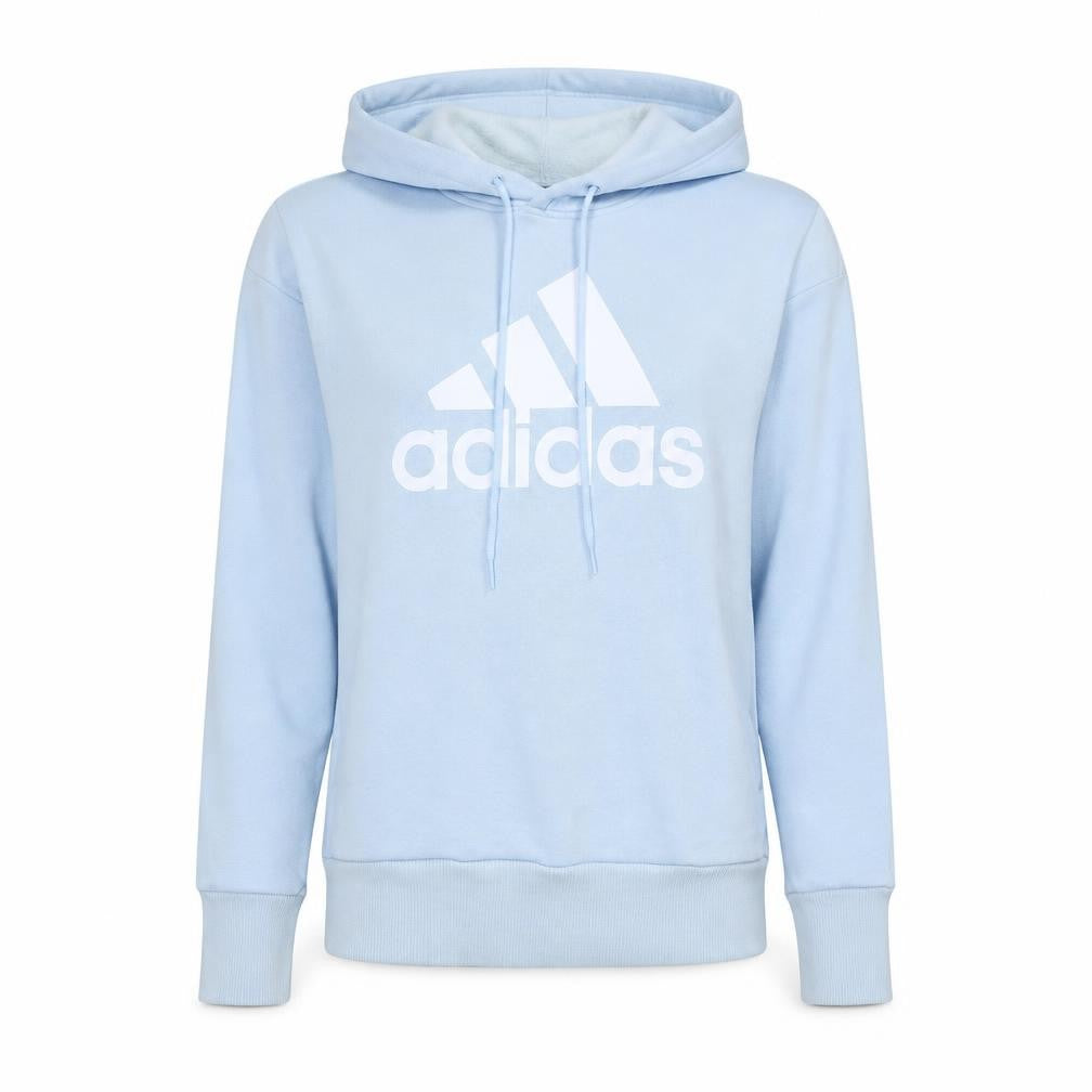Front view of Adidas women’s blue pullover hoodie, size S, casual logo sweatshirt
