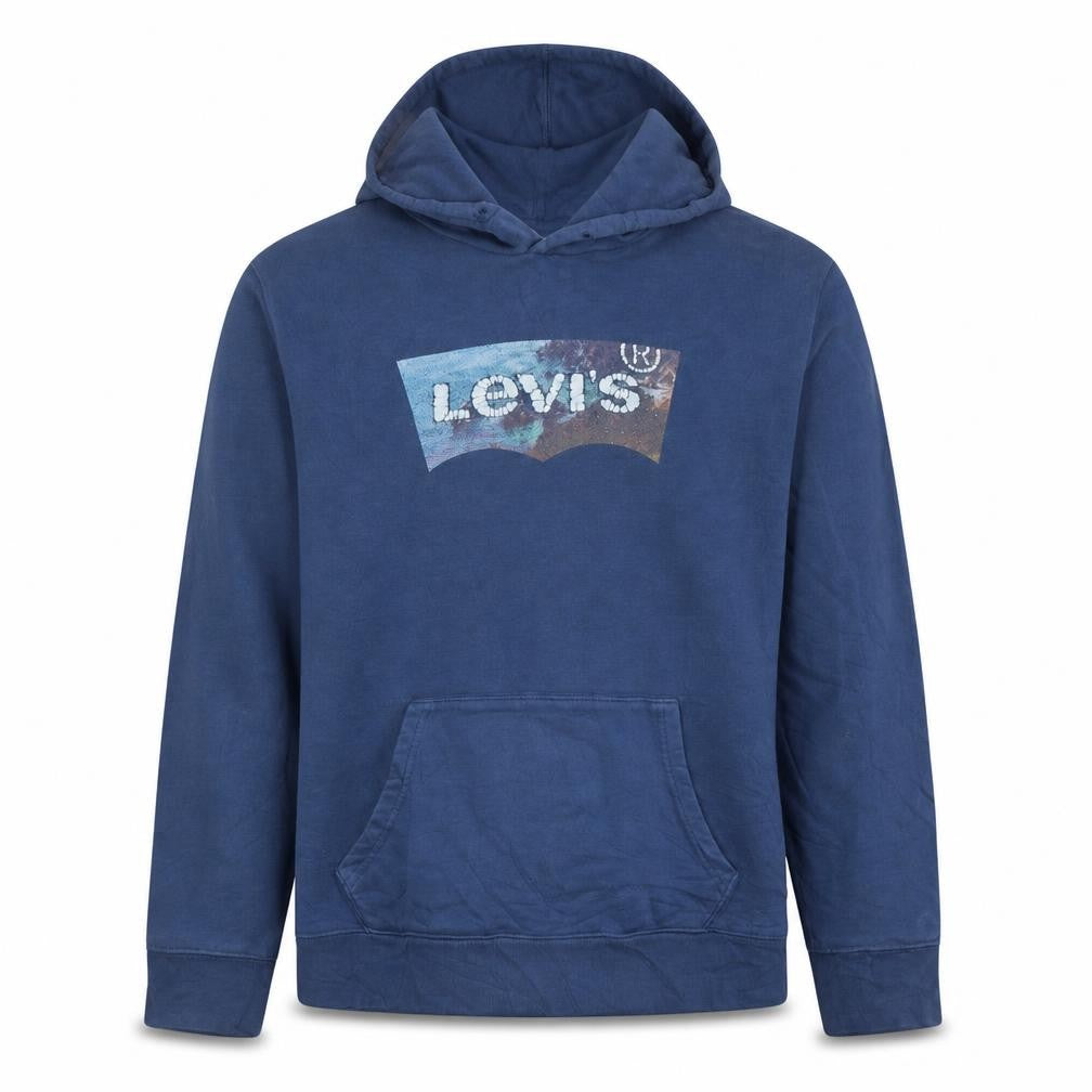 Front view of Levi's Men's Blue Pullover Hoodie L Logo Graphic Sweatshirt