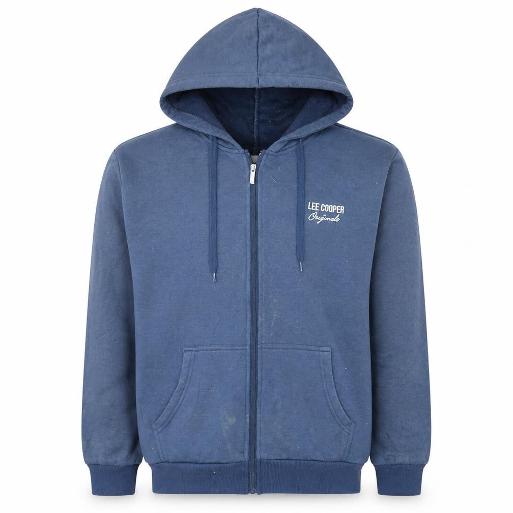 Front view of Lee Cooper Men Blue Full Zip Hoodie, size M, Regular Fit