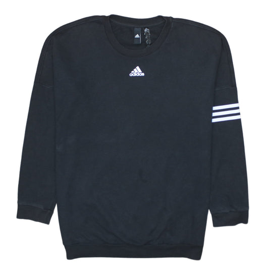 Front view of Adidas women’s black crew neck pullover sweatshirt, size M, 12-14