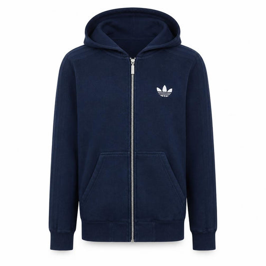 Front view of Adidas Men's Blue Full Zip Hoodie, size S, Regular Fit