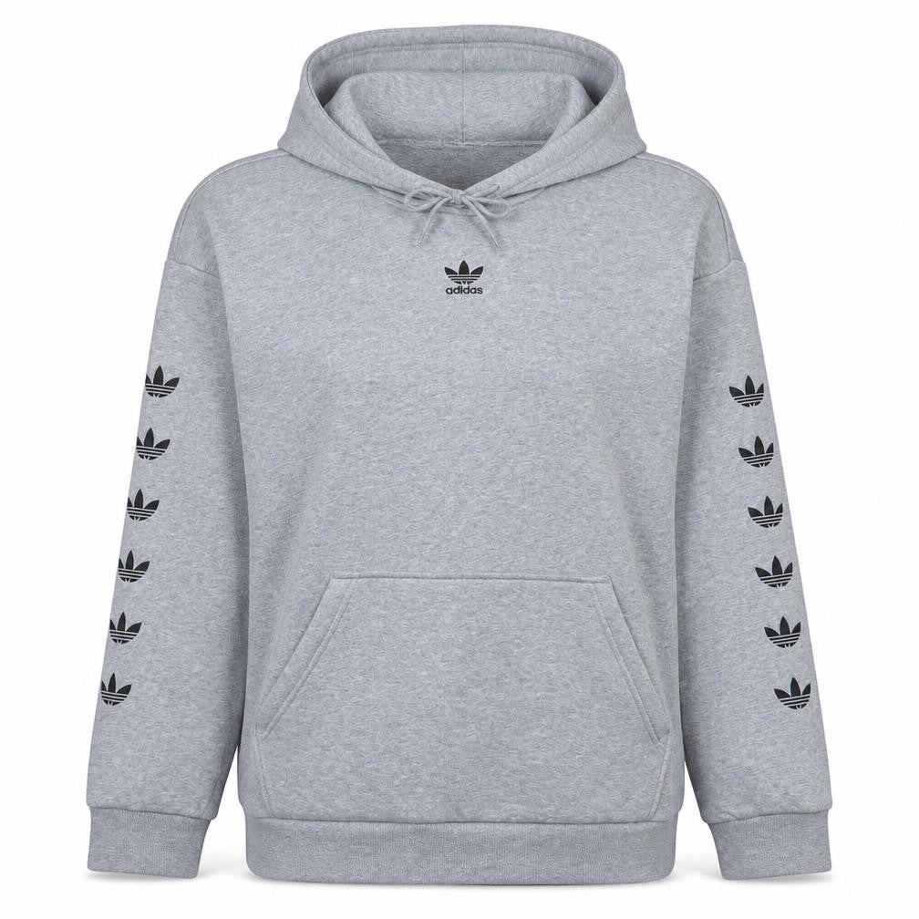 Front view of Adidas women’s grey, size UK 12, pullover hoodie with logo sleeve print