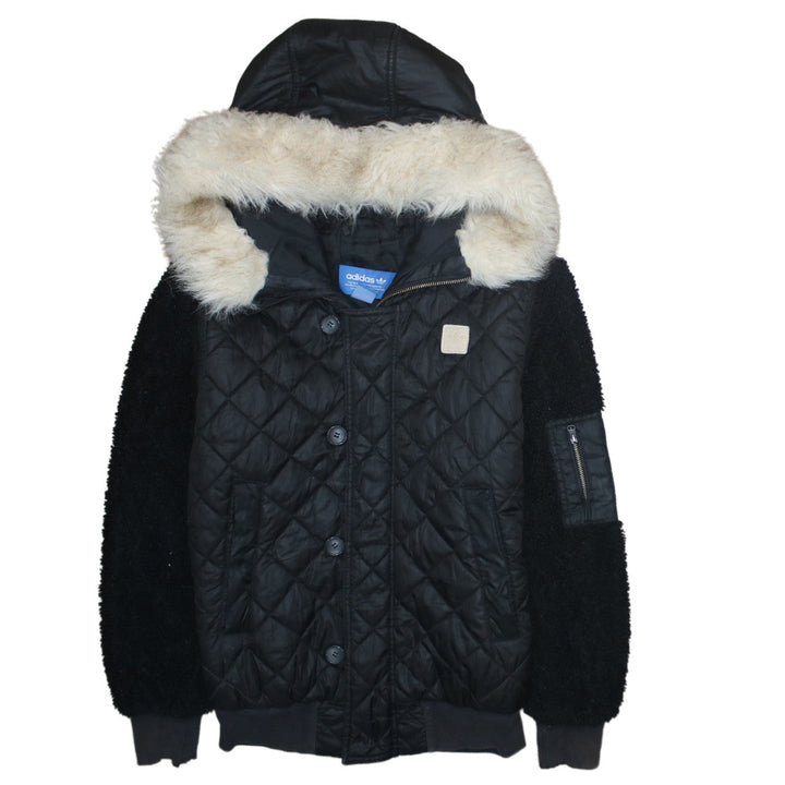 Adidas Womens Black Faux Fur Hooded Quilted Bomber Jacket Size 8