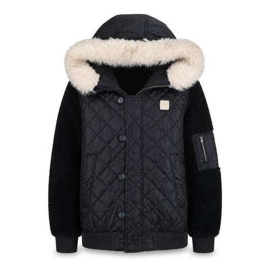 Front view of Adidas women’s black faux fur hooded quilted bomber jacket, size UK 8