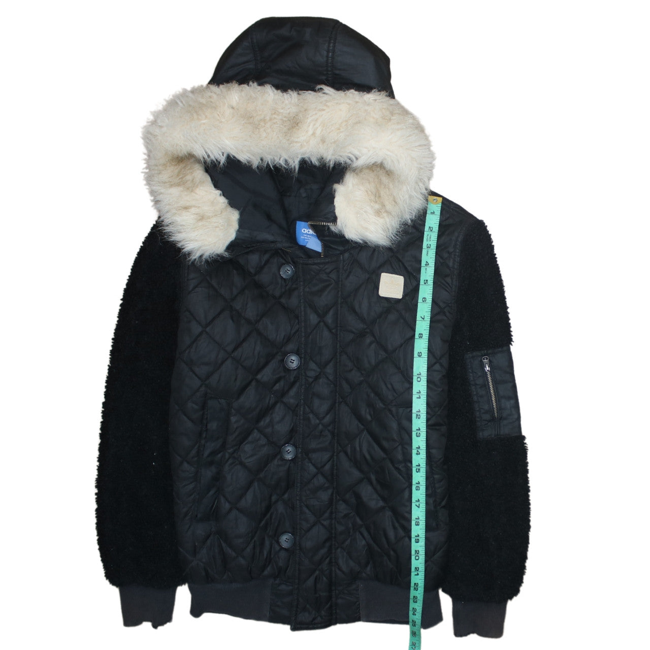 Adidas Womens Black Faux Fur Hooded Quilted Bomber Jacket Size 8