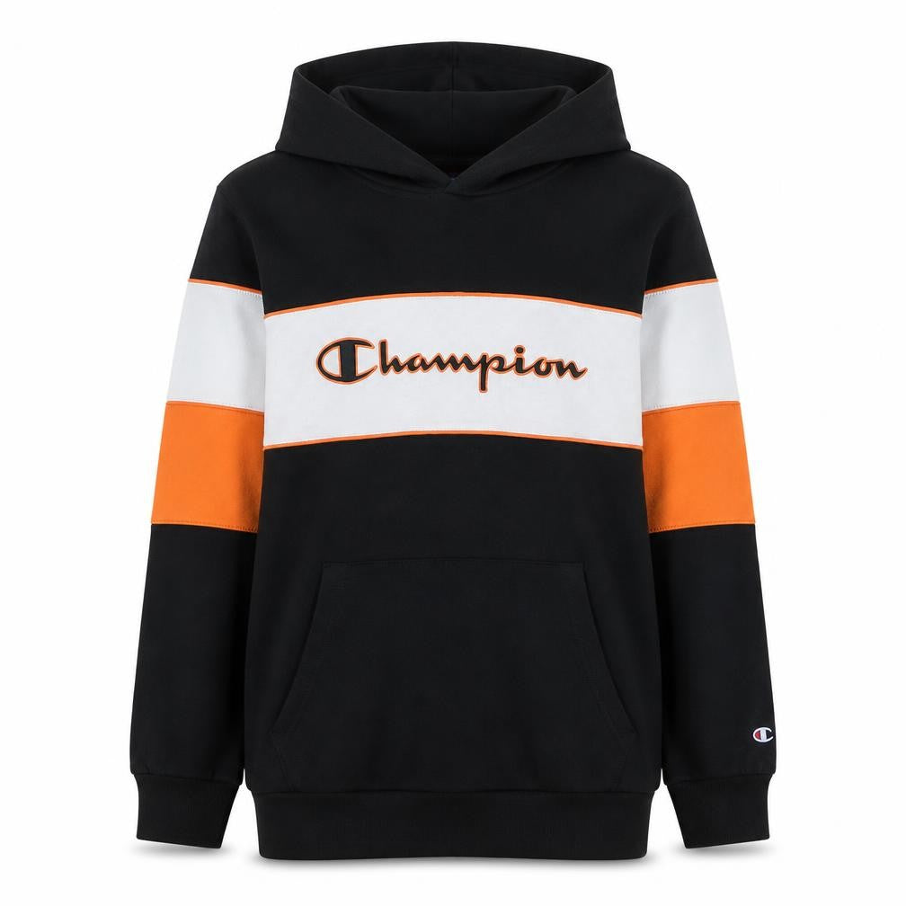 Front view of Champion boys’ black orange colourblock pullover hoodie, size 13-14, years