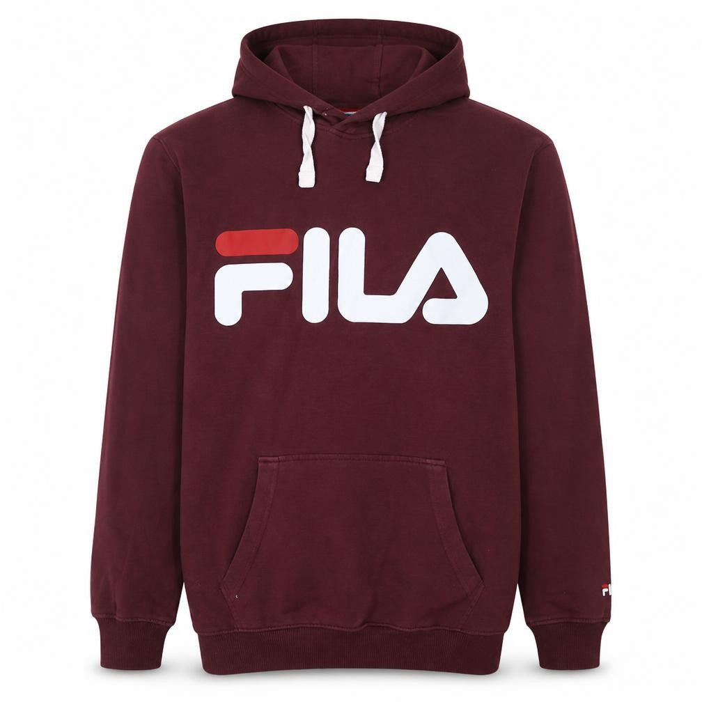 Front view of Fila Men's Red Pullover Hoodie, size S, Logo Graphic Sportswear
