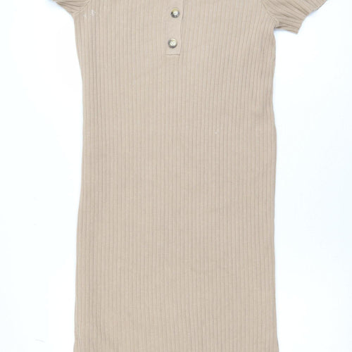New Look Women Beige Collared Ribbed Midi Shirt Dress Size 10