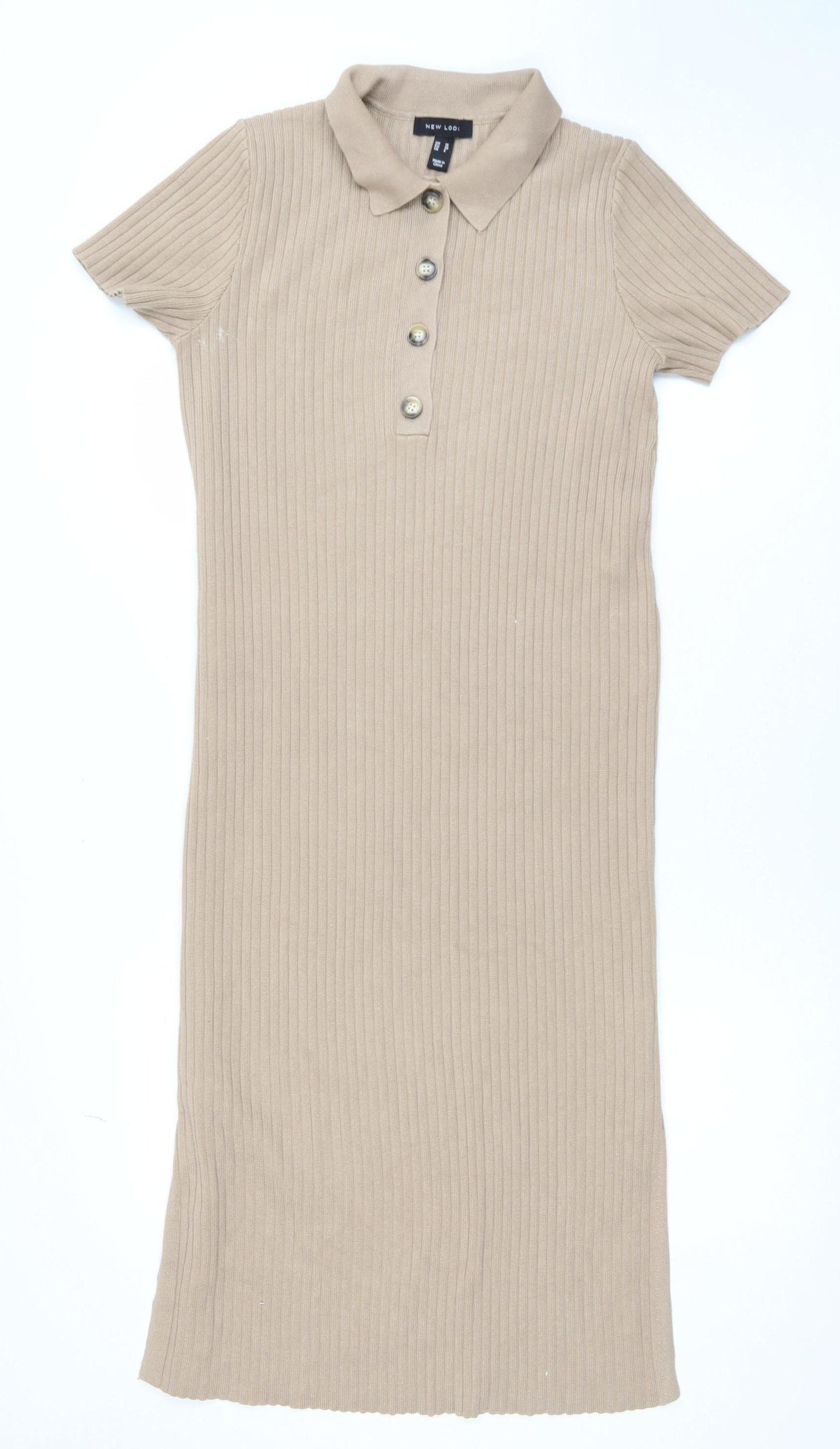 New Look Women Beige Collared Ribbed Midi Shirt Dress Size 10
