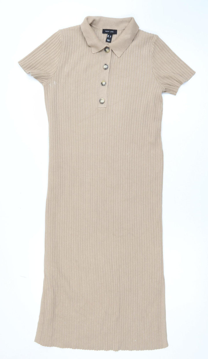 New Look Women Beige Collared Ribbed Midi Shirt Dress Size 10