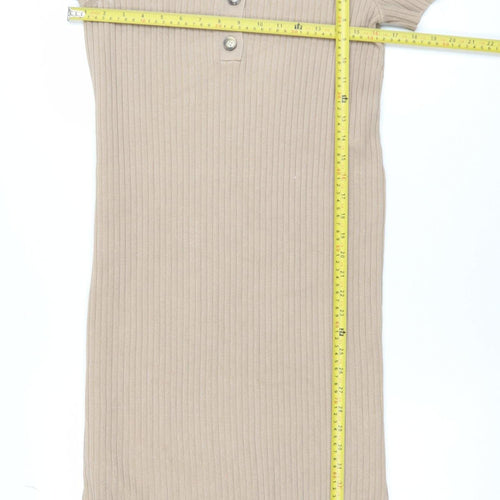 New Look Women Beige Collared Ribbed Midi Shirt Dress Size 10