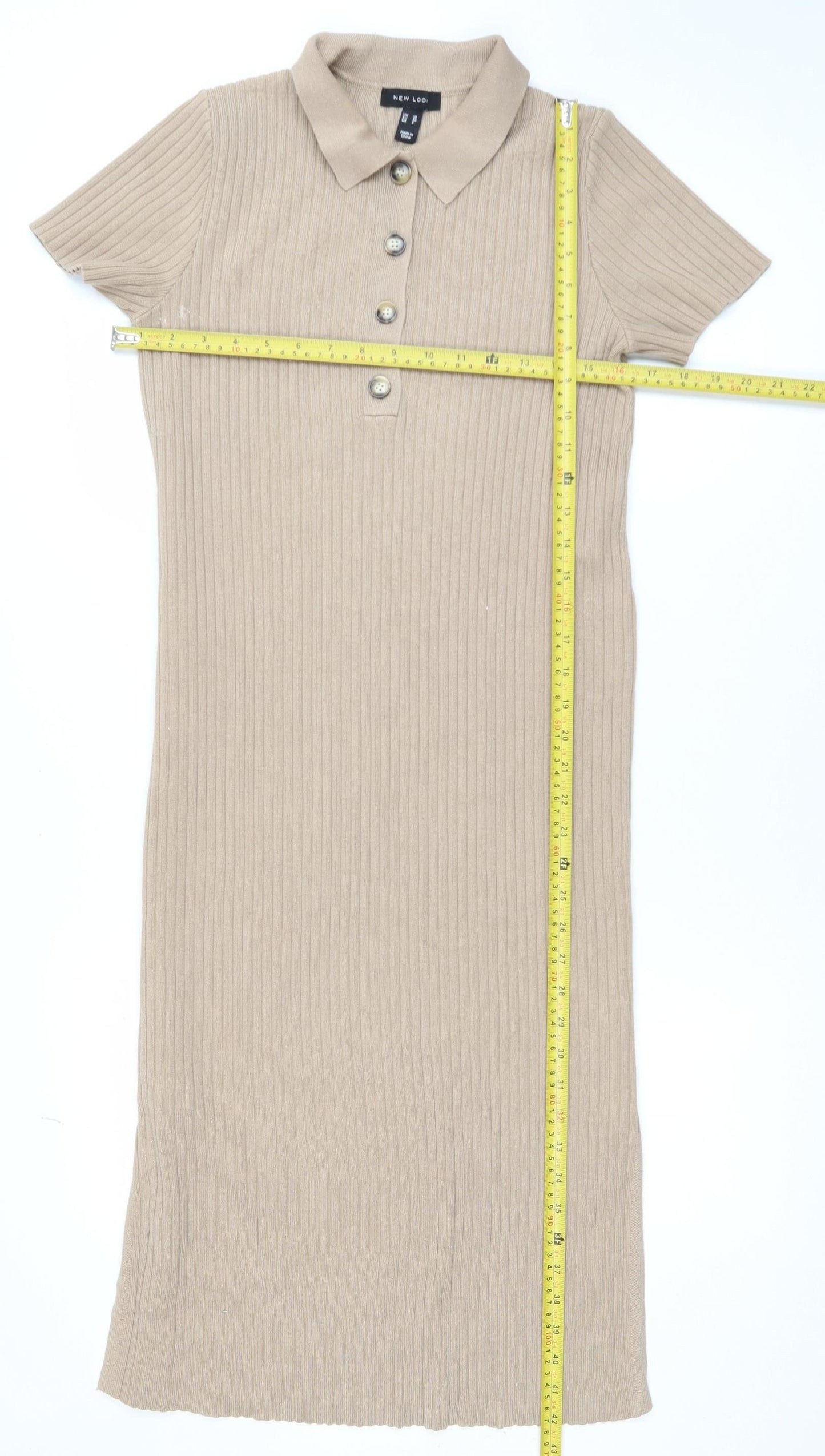 New Look Women Beige Collared Ribbed Midi Shirt Dress Size 10